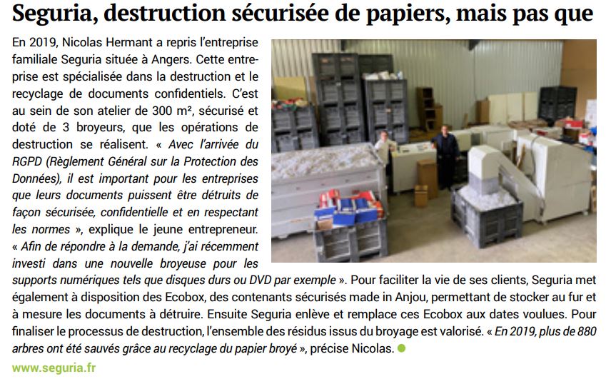 Paru dans Anjou Eco - Seguria destruction de document confidentiels